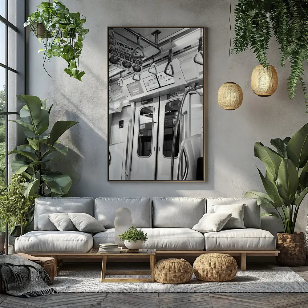 Modern living room with a gray sofa, plants, and a framed picture on the wall.