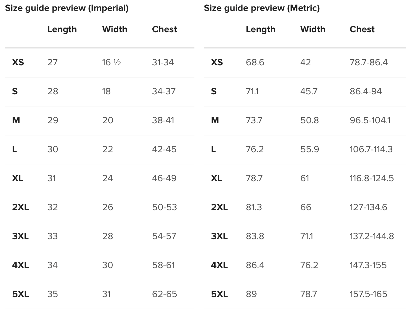 size chart
