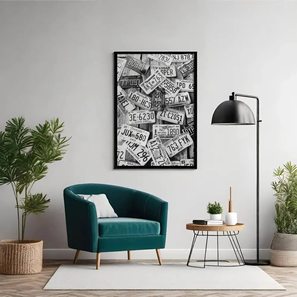 Modern living room with teal armchair, decorative plants, and a framed collage on the wall.